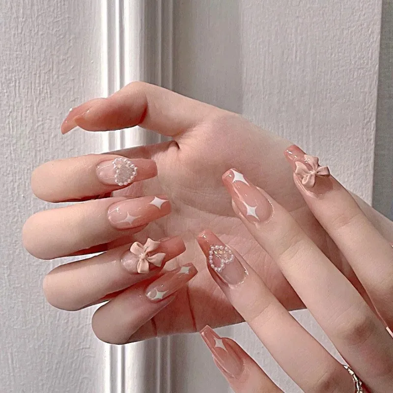 

24pcs Pink Bow Heart Fake Nails Long Fingernail Korean Style Press on Nails with Glue Lolita Cute False Full Cover Nail Tips Art