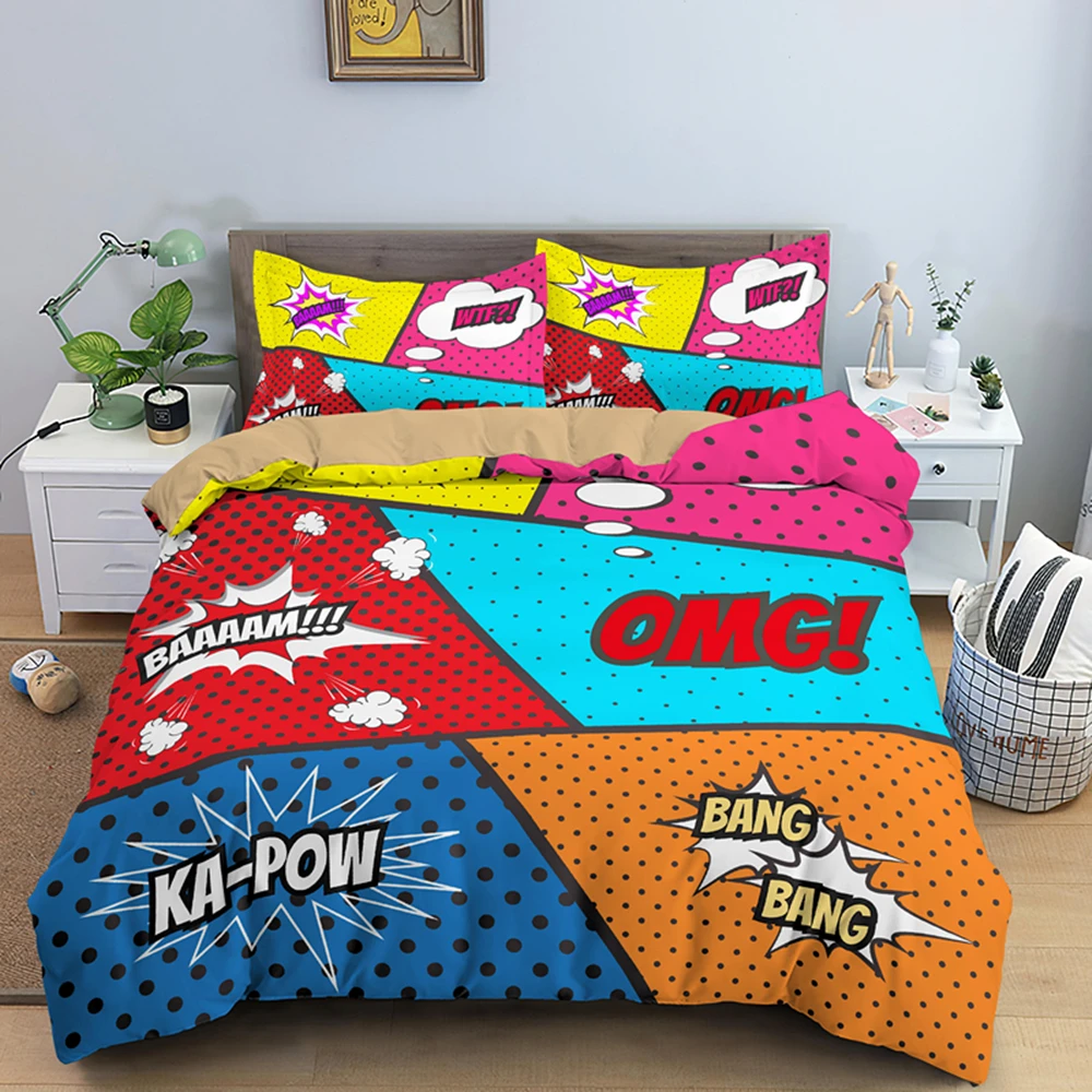 

Fashion Retro Comics Bedding Set Queen King Size 2pcs Girl Boy Bed Cover Sets Kid Adult Duvet Covers With Pillowcase