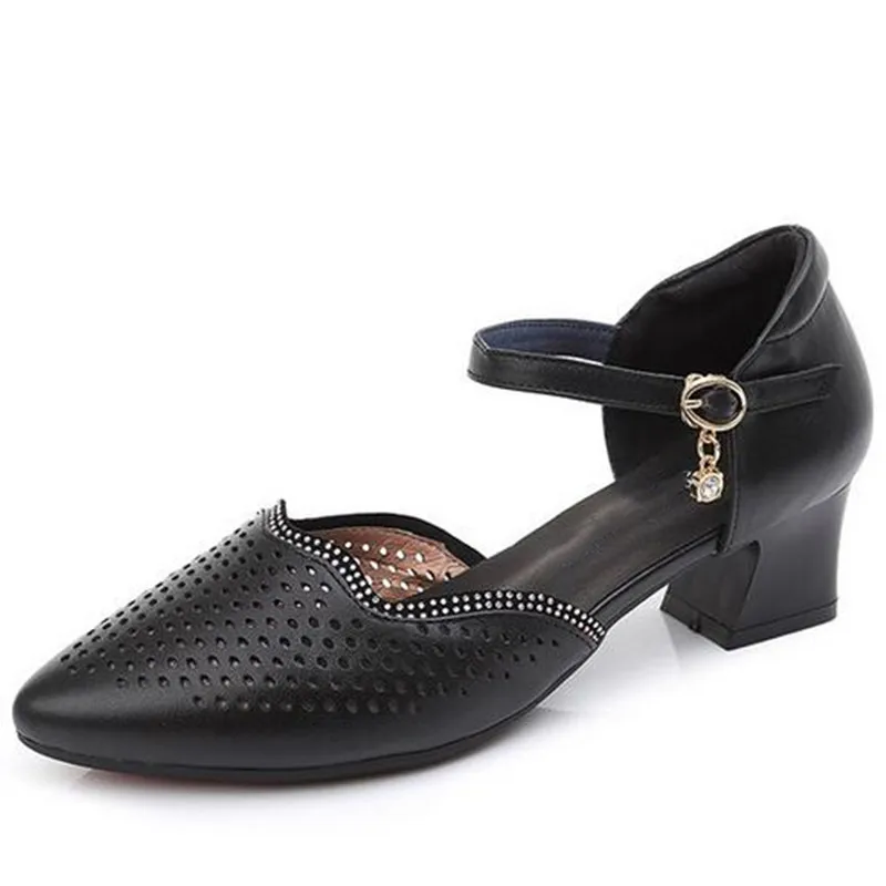 2021 New Summer Rhinestone Pointed Toe Hollow Genuine Leather Shoes Woman Fashion Sandals Comfort High Heels Women Sandal | Обувь