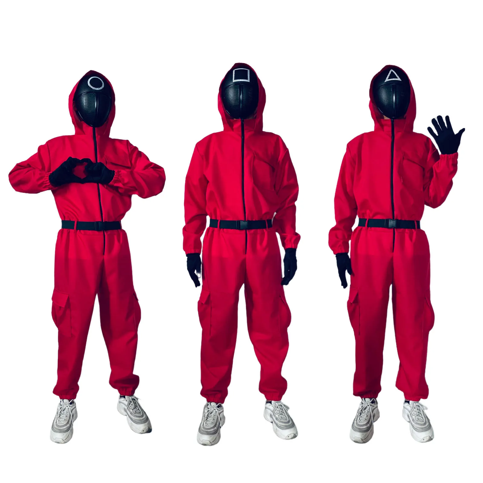 

Squid Game Costume Cosplay Jumpsuit Sets Plastic Helmet Mask Round Six Halloween Party Costume Villain Guard Clothes