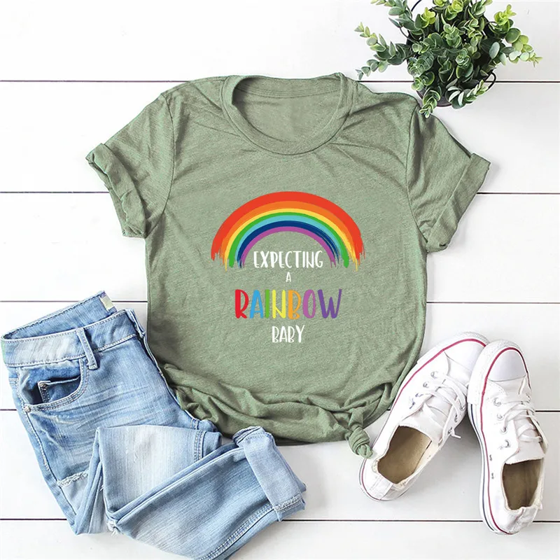 

Plus Size Women Tshirts Kawaii Rainbow Letter Print Shirt O-Neck Short Sleeve Tees 100%Cotton Tshirt Women Clothes Mujer Tops