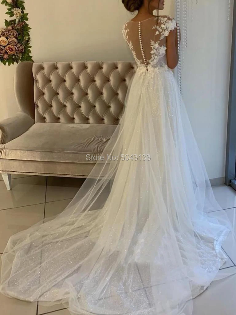 Elegant Lace Appliques A Line Ivory Wedding Dresses with 3D Flowers 2021 Jewel Neckline Cap Sleeves Sparkly Tulle Bridal Gowns | Свадьбы и