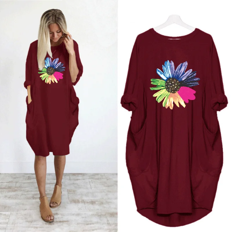 

Plus Size 5XL Women Midi Dress Cute Sunflower Print Pocket Long Sleeve Autumn Casual Loose Vintage Party Vestidos Femme Robe