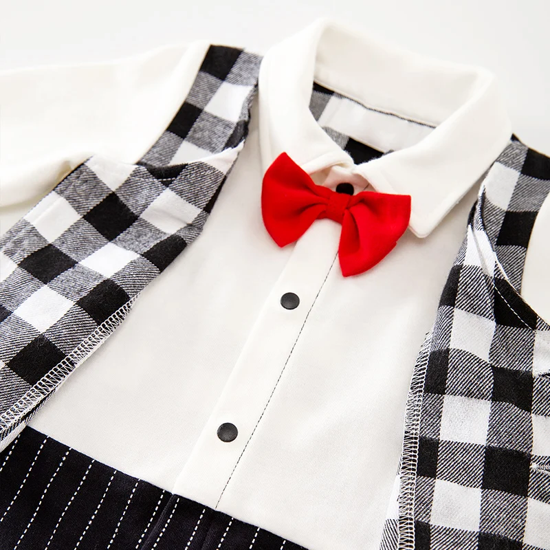 YiErYing Newborn Baby Boy Romper Jumpsuit Overalls Infant Cotton Outfit Black and white grid with Bow Tie Gentleman's baby |