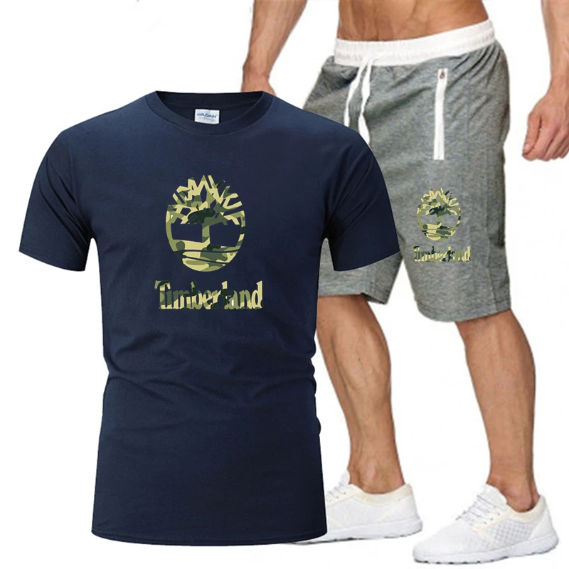 

2021 men's T-shirt + shorts two-piece casual sportswear men's and women's suit camouflage small tree print top + pants gym fitne