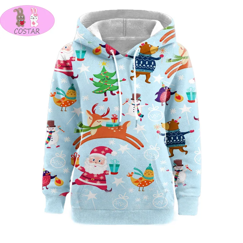 

COSTAR Christmas Winter Warm Santa Deer Printed Unisex Fleece Hoodies Harajuku Fashion Hooded Sweatershirts For Christmas