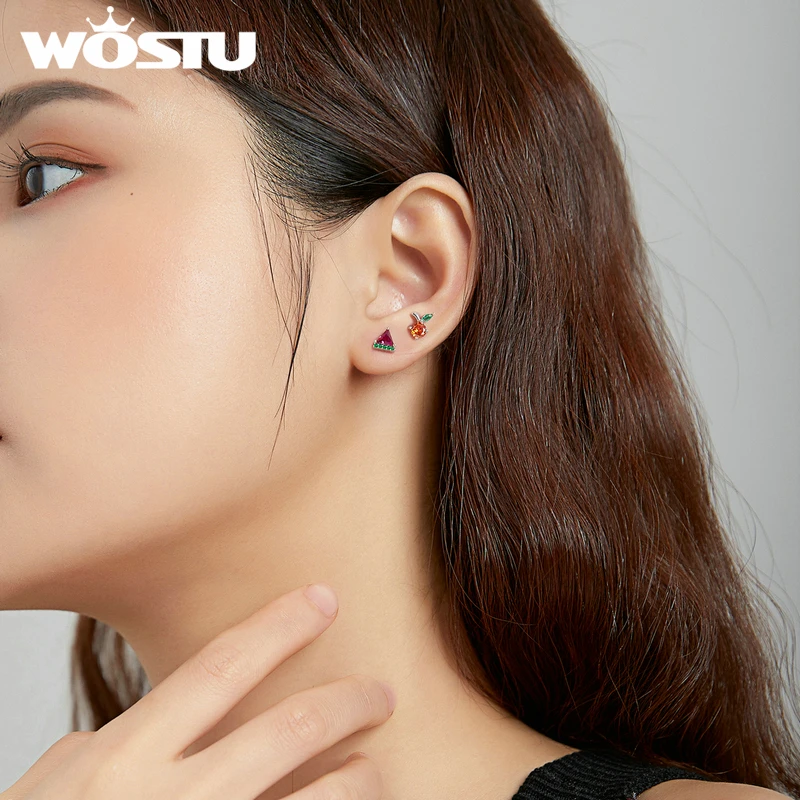 

WOSTU 1 PCS Real 925 Sterling Silver Sweet Summer Stud Earrings Watermelon Ice cream Earrings For Women Fashion Silver Jewelry