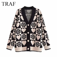 traf za cardigan for women autumn v neck coat chic woman clothes long sleeved single breasted top casual plaid knitted sweater