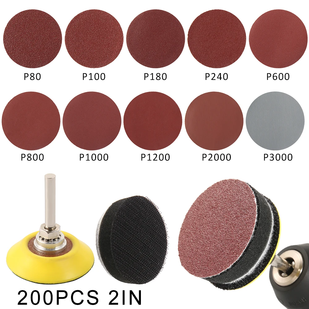 

200pc 2 Inch Flocking Sandpaper Set Sanding Disc Abrasives Hook & Loop Backer Plate for Polishing Cleaning Tools