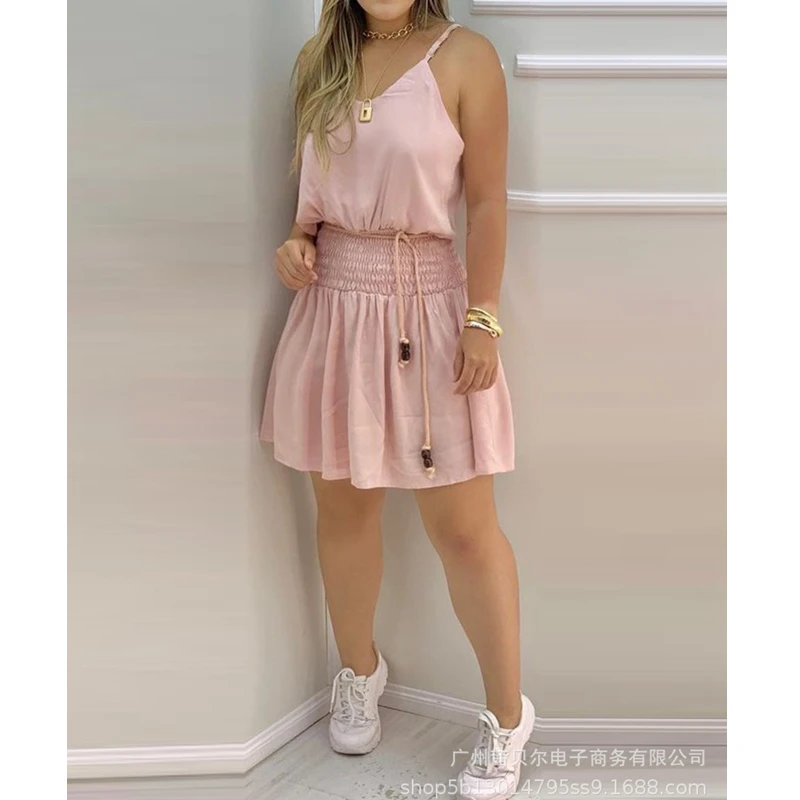 

Mandylandy Dress Summer Fashion V-neck Lace-up Spaghetti Strap High Waist Dress Women's Sexy Solid Color Pleated Slim Dress