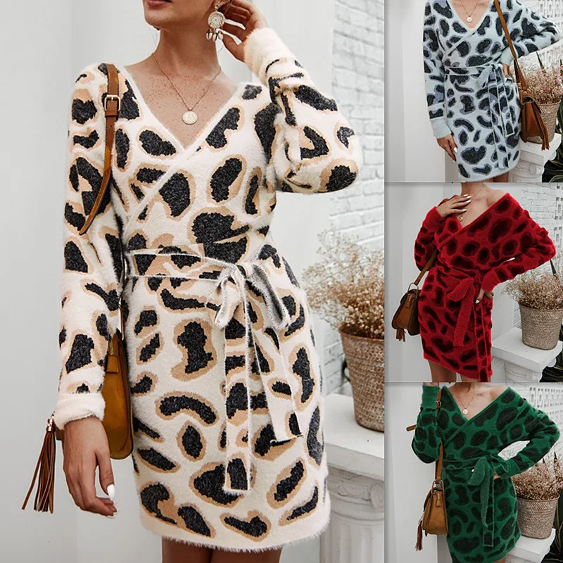 

Long Sleeve Winter Leopord Sweater Dress Elegant Women Casual Sexy Backless V Neck Sashes Bodycon Dress Warm Knitted Pullovers