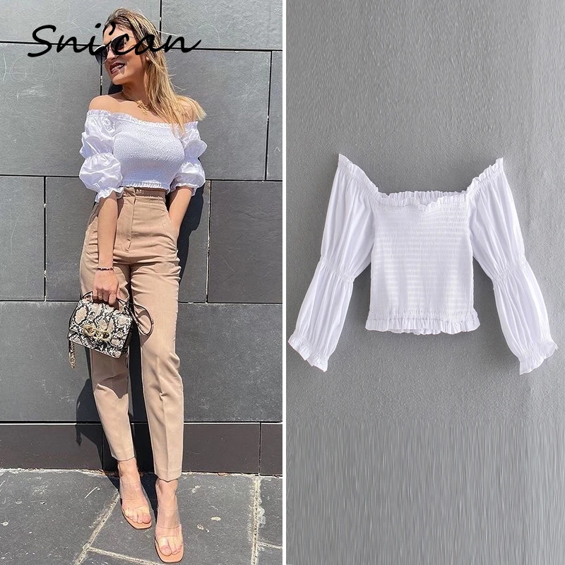 

White Off Shoulder Blouse Blanche Za 2021 Women Spring Summer Ruched Bodycon Sexy Short Shirts Fashion Casual Femme Chandails