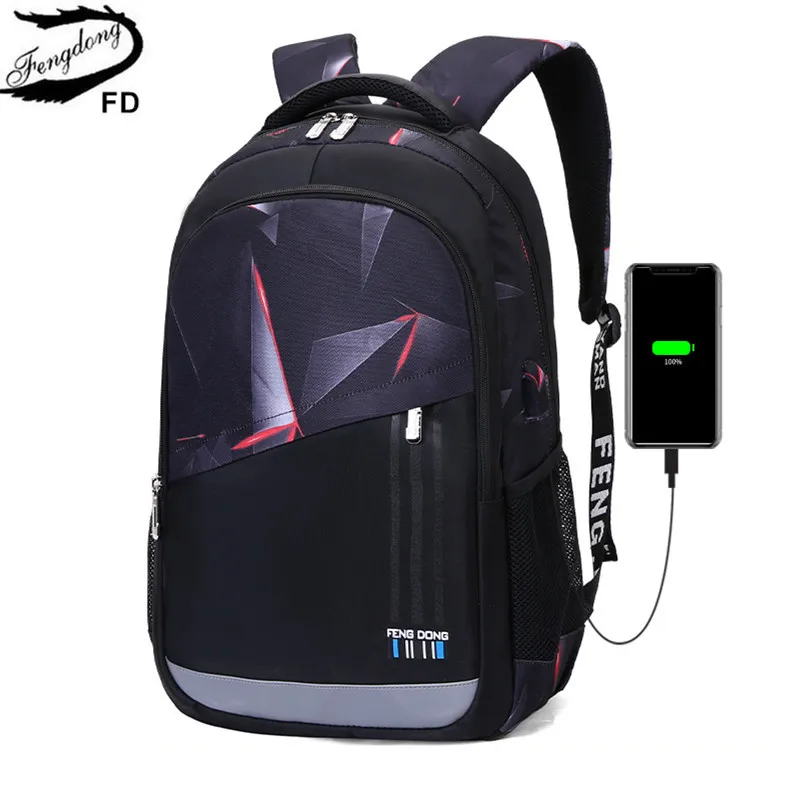 Мужской большой рюкзак с usb-зарядкой Fengdong серый или черный Водонепроницаемый