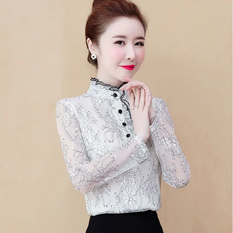

Shirt bottoming shirt women 2021 spring and autumn new trend body lace blouse foreign chiffon shirt