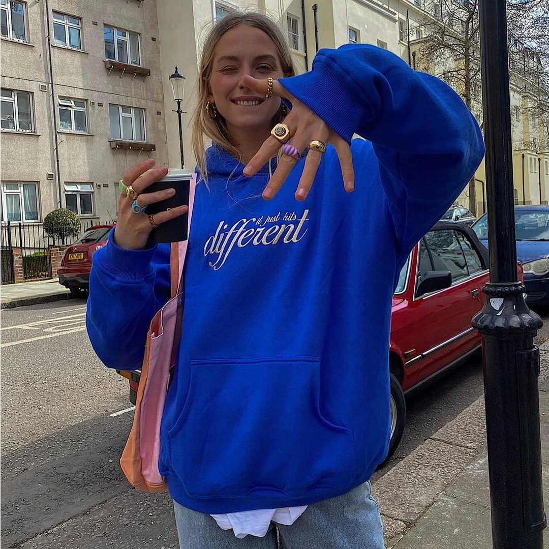 

2021 NEW Winter Women Oversize Hoodie in Cobalt Korean Fashion Loose Embroider Hoodies Streetwear Sweatshirts Vintage Clothes