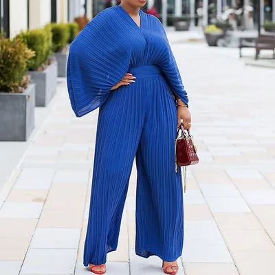 

Royal Blue Three-dimensional Fashion Bow Tie Jumpsuit V-neck Wide-leg Jumpsuit Elegant Flared Pants Personality Women's Clothing
