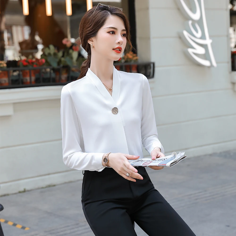 

New Women V-Neck Ladies Blouses Tops High Quality Long Sleeve Girl's Office Ladies Work Wear Plus Size 5XL White Pink Silk Shirt