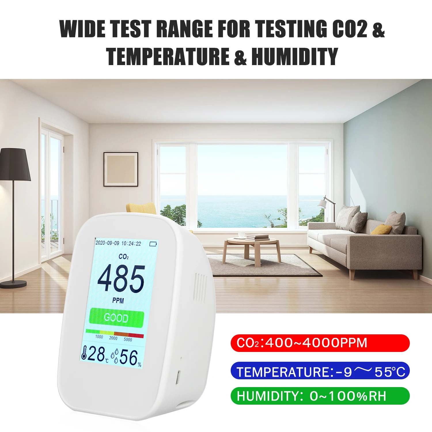 

Настольный CO2/RH/температура 3-в-1 Датчик качества воздуха CO2 метр Температура влажности монитор CO2 тестер с 65534 групп Регистратор данных