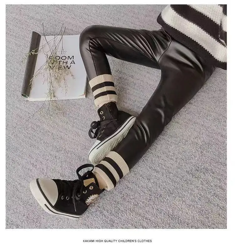 Детские кожаные штаны для девочек бархатная утепленная одежда сезон осень зима