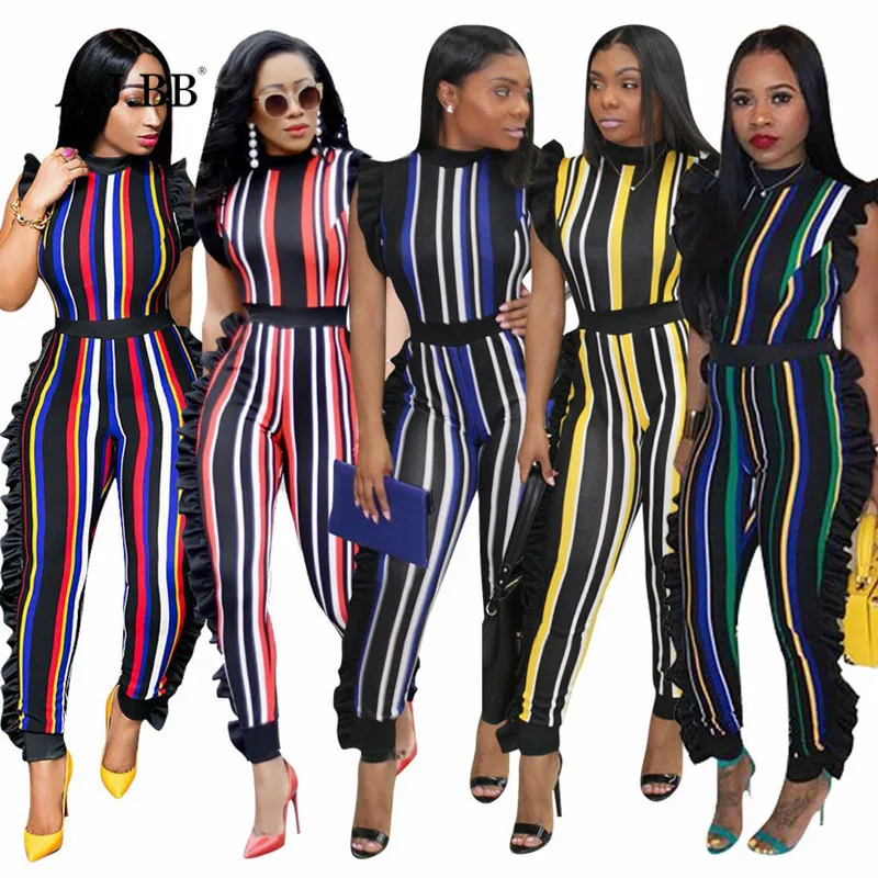

European sexy multicolor striped print nightclub Jumpsuit fashion slim fit o-neck sleeveless women's Vest pants