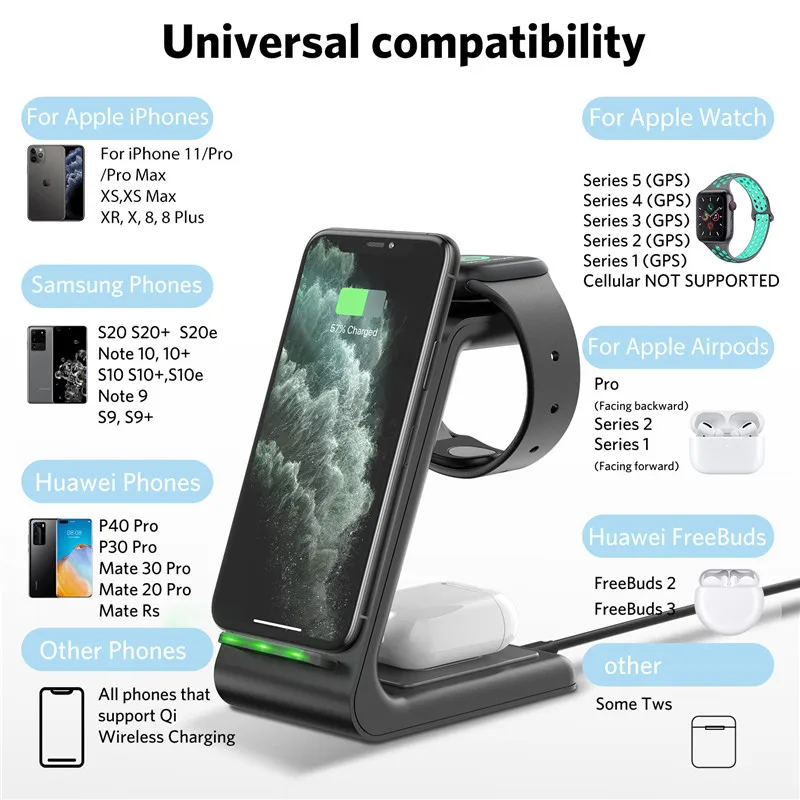 

3 In 1 Wireless Charger 10W Fast Charge For iPhone 11 12 Pro Charger Dock For Apple Watch Airpods Pro Wireless Charge Stand