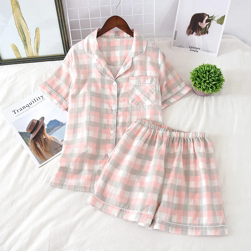 

Hot Sale Plaid couple home clothes short sleeve top with Shorts Set soft casual pajamas 20212 piece set 100% cotton men's