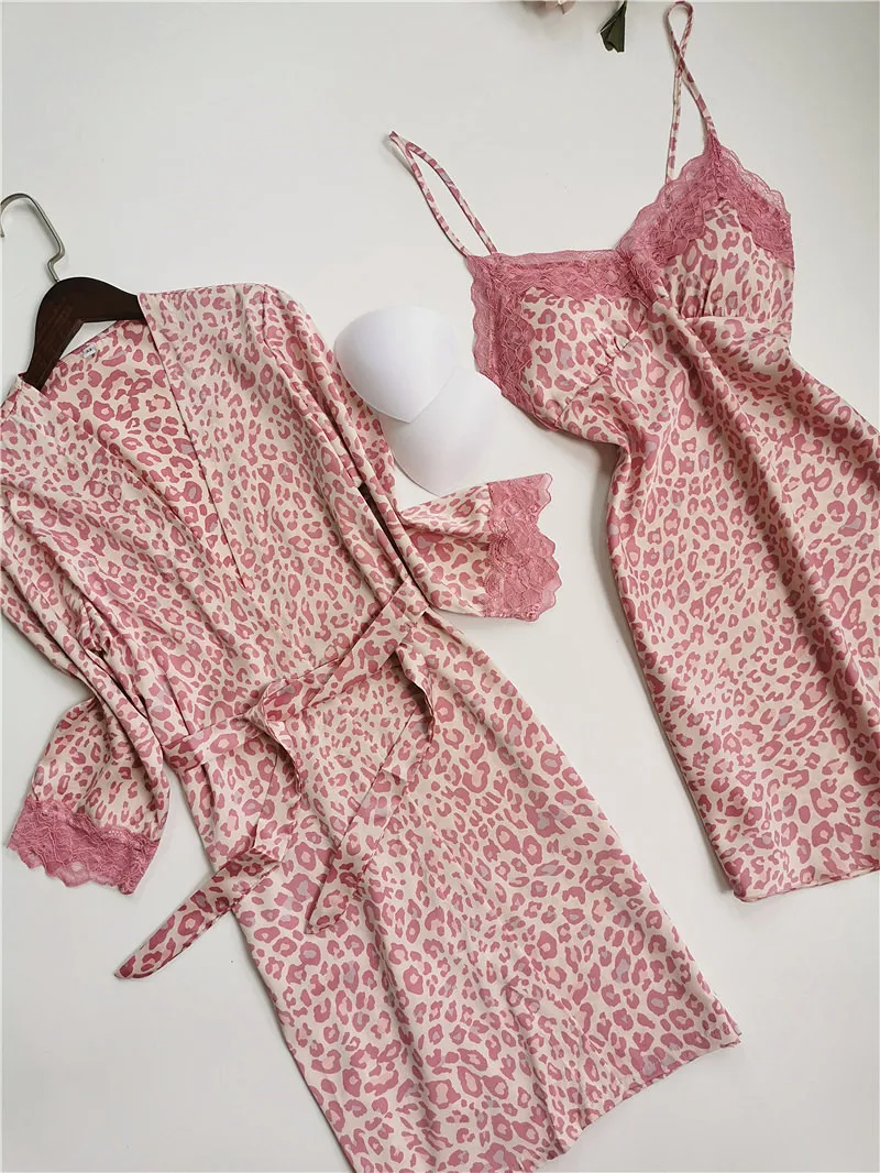 Розовый Леопардовый Атлас шелковая кружевная отделка ночная рубашка халат