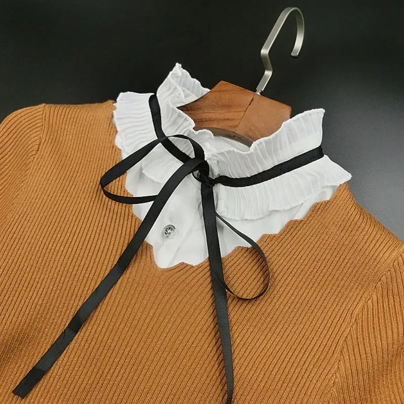 

Ladies Pleated Ruffles Fake Stand Collar Lace-up Bowtie Detachable Half-Shirt H37C