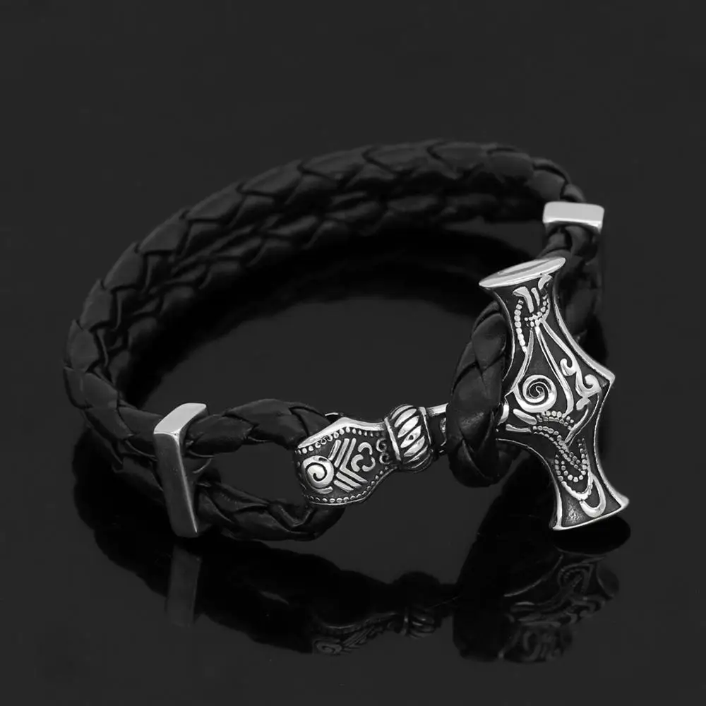 Новинка 2019 браслет из нержавеющей стали Vikings Thor's Hammer ретро кожаный веревочный