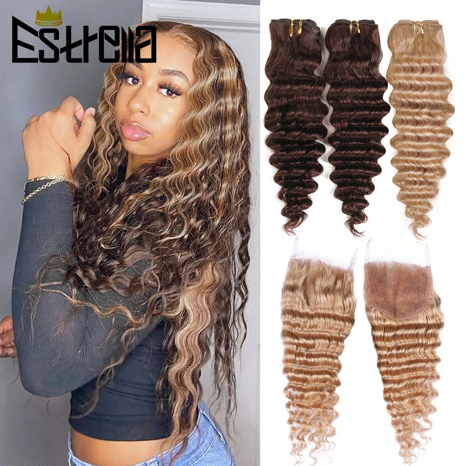 

Colored Deep Wave Bundle With Closure Brazilian Soft Weave Bundles with Closure Brown Blond Human Hair Bundles With Lace Closure