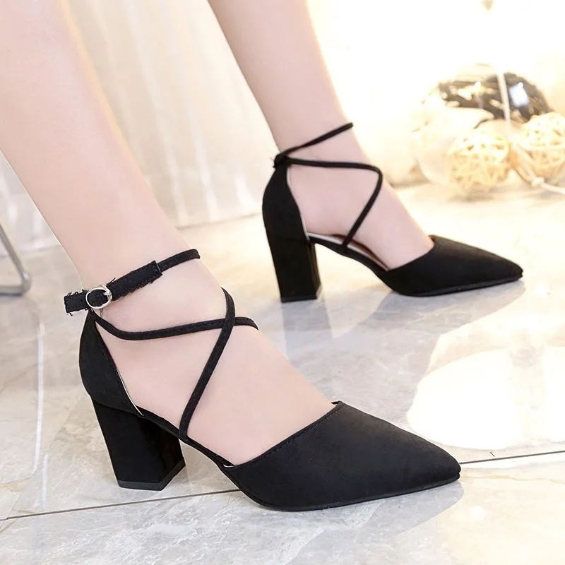 Новинка 2021 корейский вариант туфли на высоком толстом каблуке с матовым острым