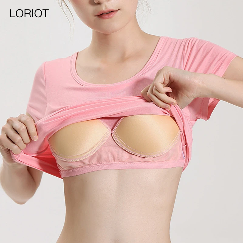 Women T-Shirts Built-in Bra Padded Stretchable Modal Tshirts Tops Short Sleeve Plain Sexy Casual Korean Summer SA0062 | Женская одежда