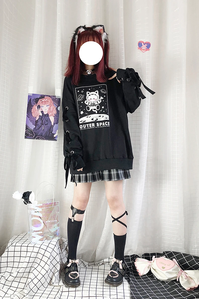

Autumn Winter Oversize Mid-length Hoodies Girl Korean Cute Cat Print Loose Bandage O-Neck Pullover Girl Sweatshirt Student Tops