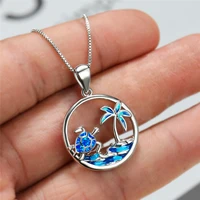 bohemian blue opal pendant for women fashion silver color chain necklace for women beach hollow turtle pendant wedding necklace