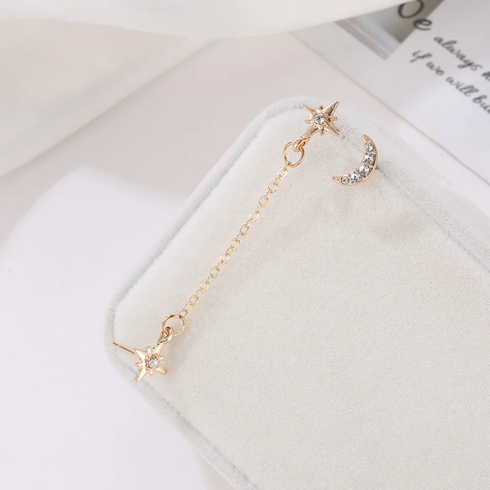 2Pcs/Set Rhinestone Moon Star Chain Stud Earrings 3 Ear Holes Gold Colors Women Earring Set 2020 Party Jewelry | Украшения и