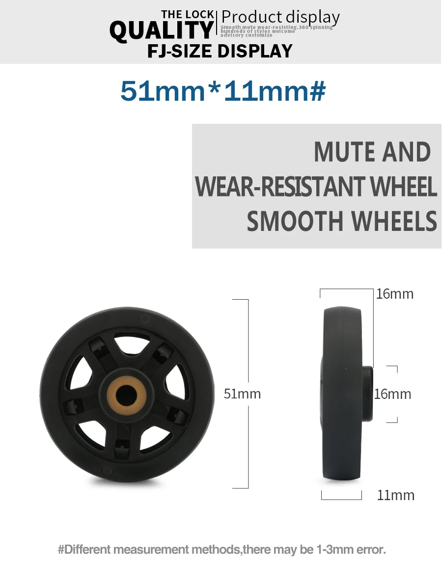 Luggage wheel repair accessories Makeup trolley parts universal rolling wheel 51mm*11mm high quality Unilateral black caster