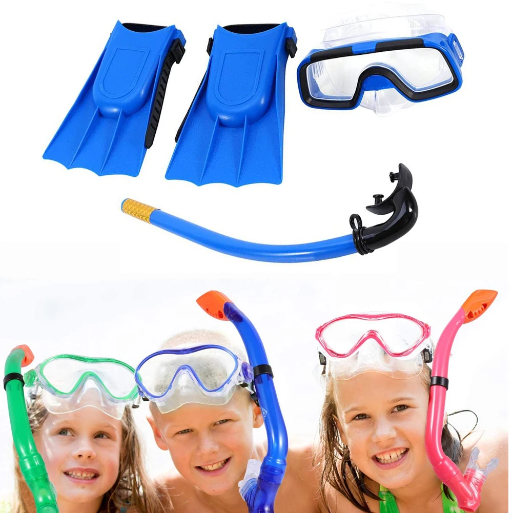 

Kids Snorkel Set Diving Set Swim Goggle Breathing Tube With Flippers For Boys Girls Blue For Trianning Silicone Easy-To-Adjust