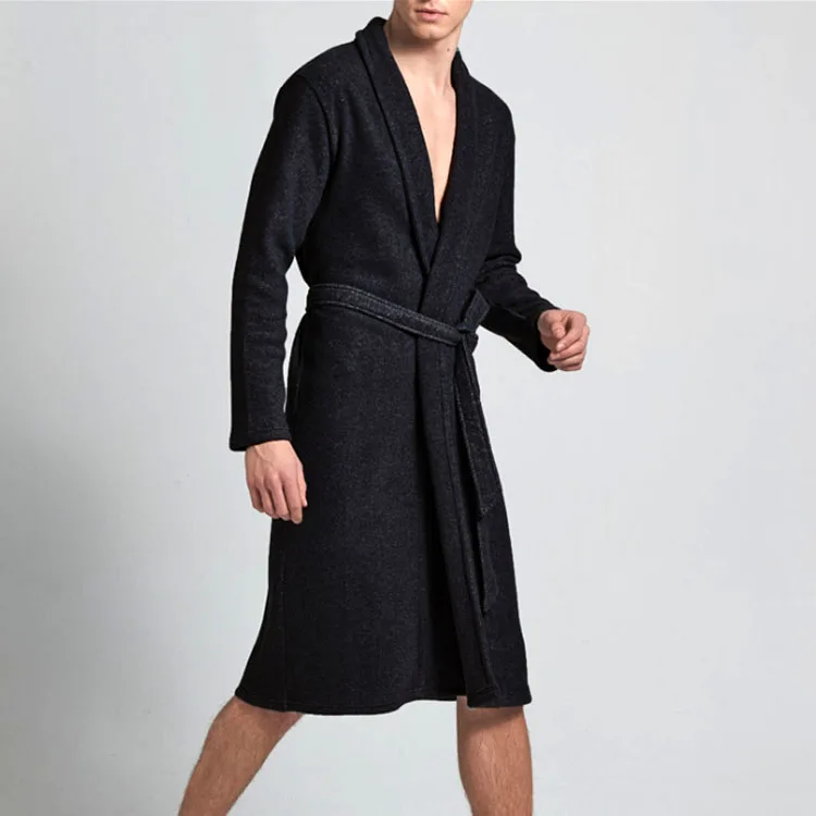 Men-Black Весенние флисовые мужские кимоно, халат, Весенние длинные халаты, одноцветные, серые, черные, домашняя одежда, одежда для сна, домашняя одежда - Цвет: Men-Black