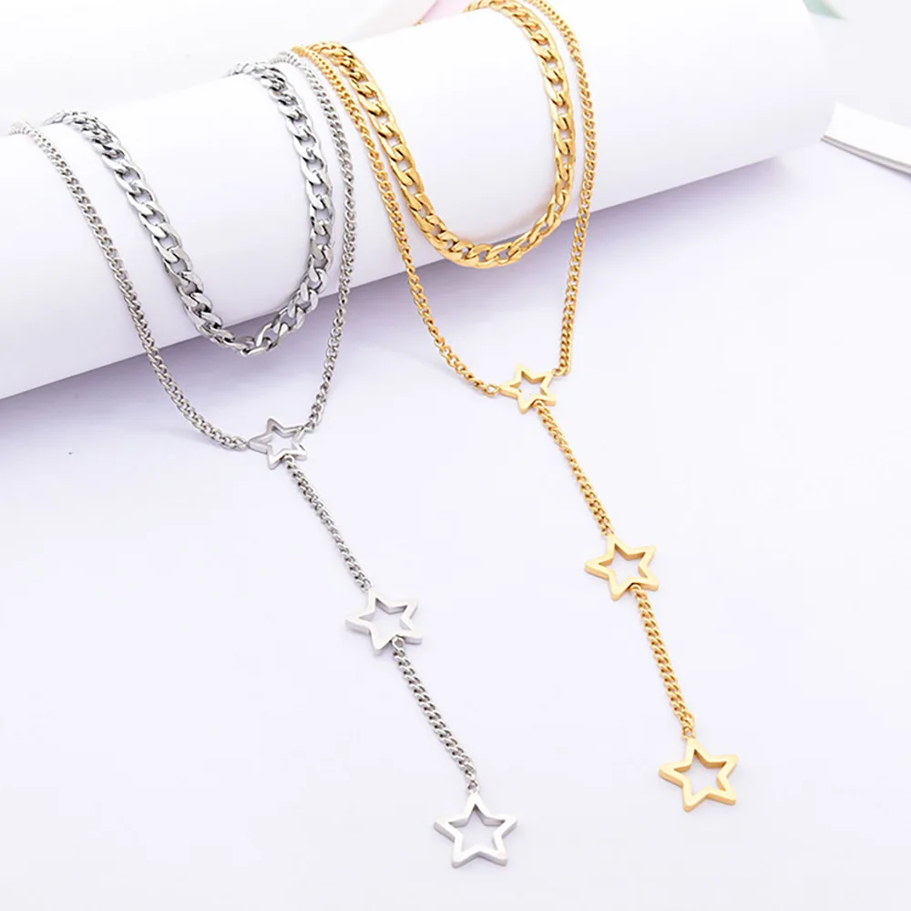 FINE4U N751 Dainty Layered Choker Necklaces Handmade Hollow Star Pendant Multilayer Adjustable Layering Whip Chain Necklace | Украшения и