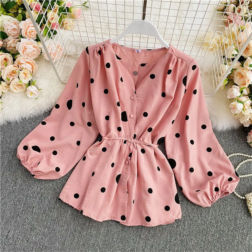 

2021 New Spring Women Chiffon Blouse All-match Sweety Girl V-neck Shirt Autumn Lady Short Dot Blousas Bottomings Outwear WZ1473