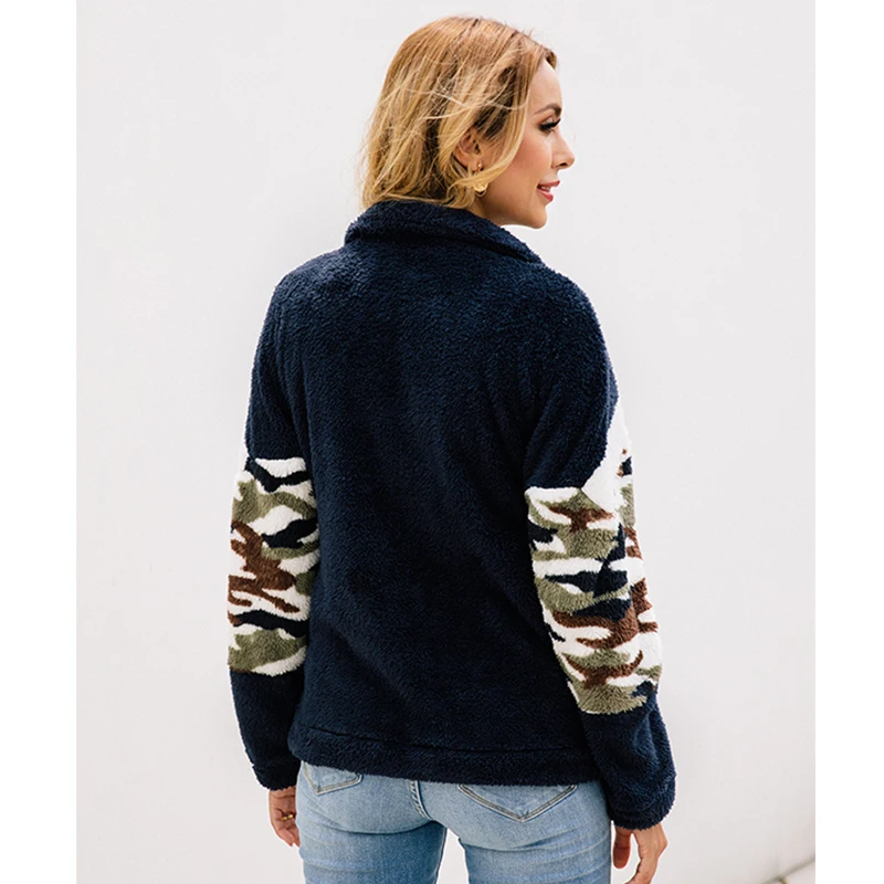 

Camouflage Fur Coat Autumn Winter Long Sleeve Zipper Up Faux Fur Jacket Thick Warm Fleece Fluffy Coat Patchwork Teddy Coat