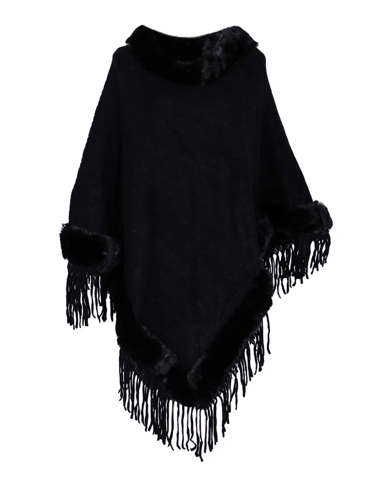 Женская Лоскутная накидка кашемировая с меховым воротником пончо для осени и