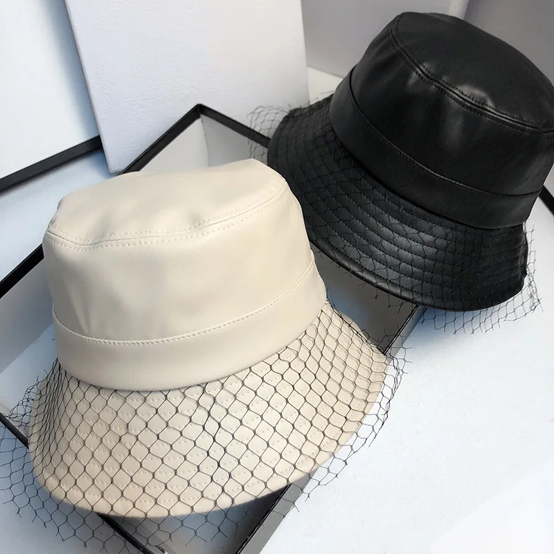 Fashion PU Bucket Hat Leather Fishing Cap Soild Foldable Hiking Hat Hip-Hop Street Waterproof Panama for Women and Men