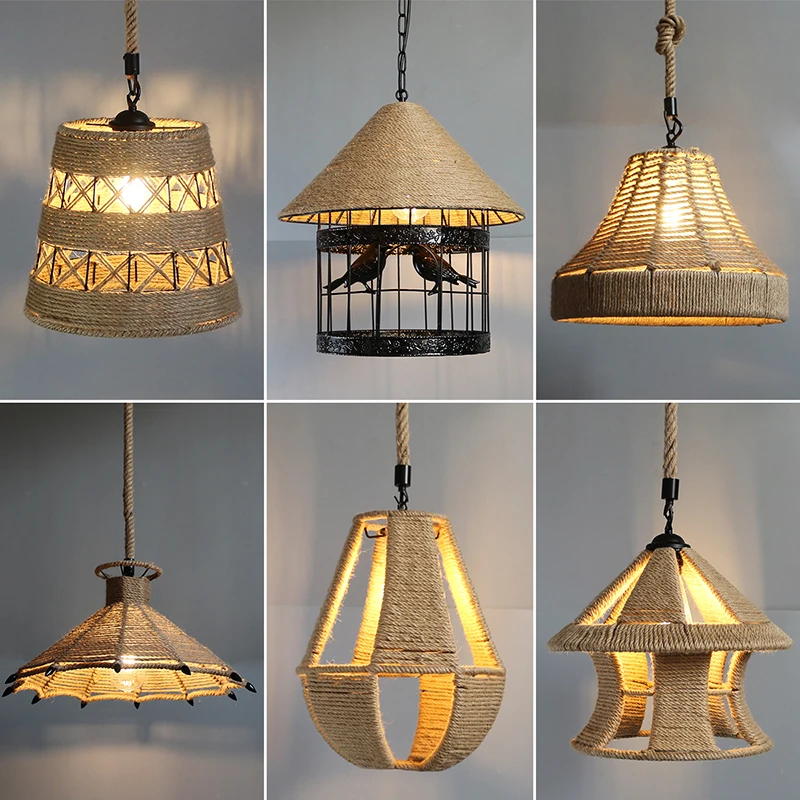 Винтажная Подвесная лампа из пеньковой веревки подвесной светильник для дома