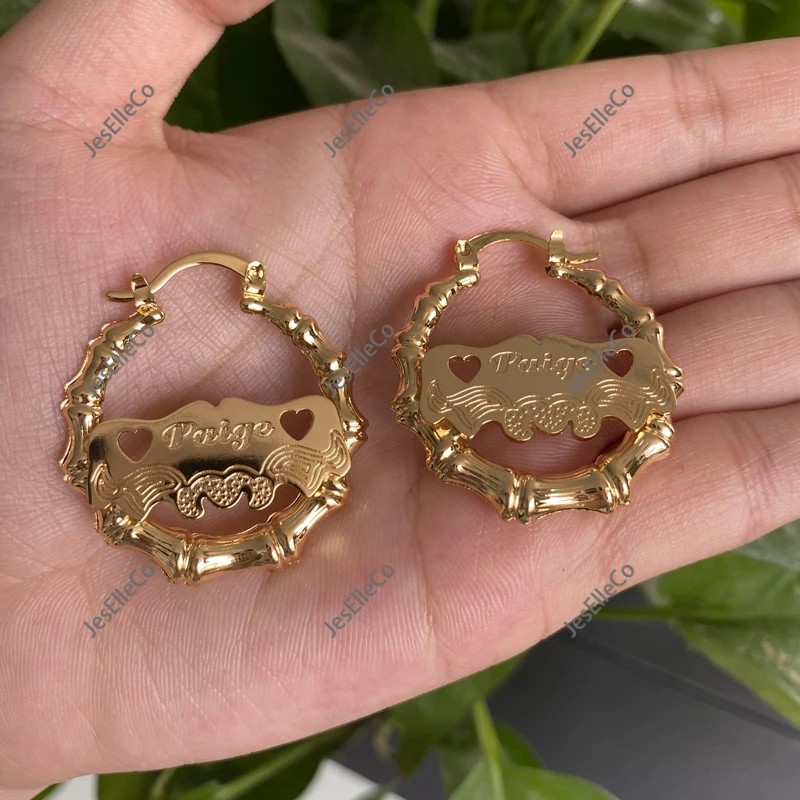 Серьги-кольца из бамбука с именем на заказ обручи под подарок день матери для