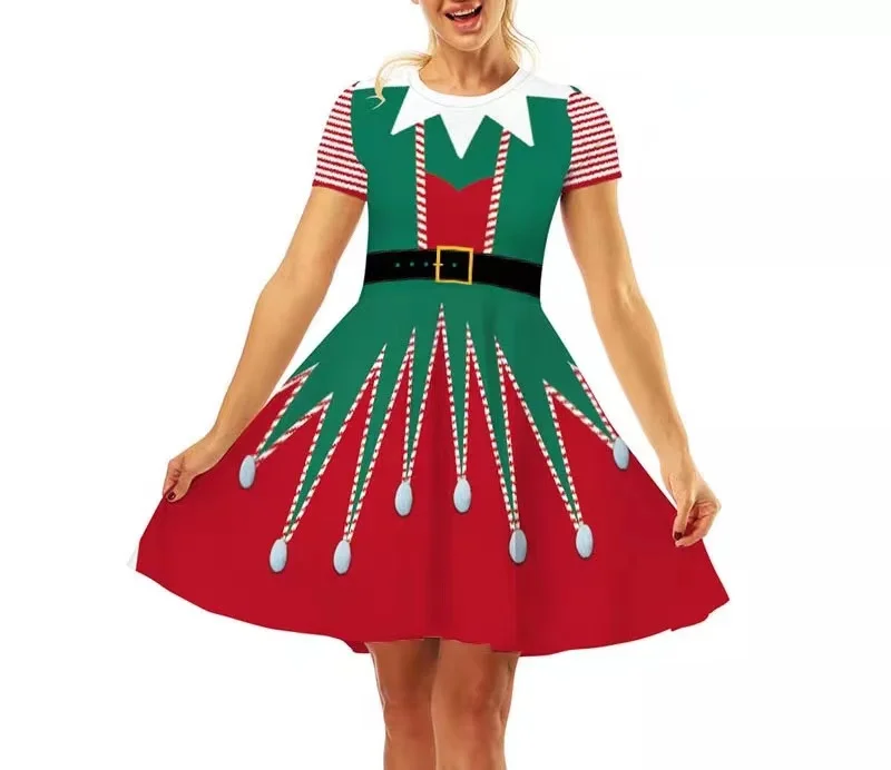 

Christmas Dress Women Casual Elegant Print Red Xmas Party Dress Vintage Retro O-neck Short Sleeve A-Line Vestidos Robe Femme New