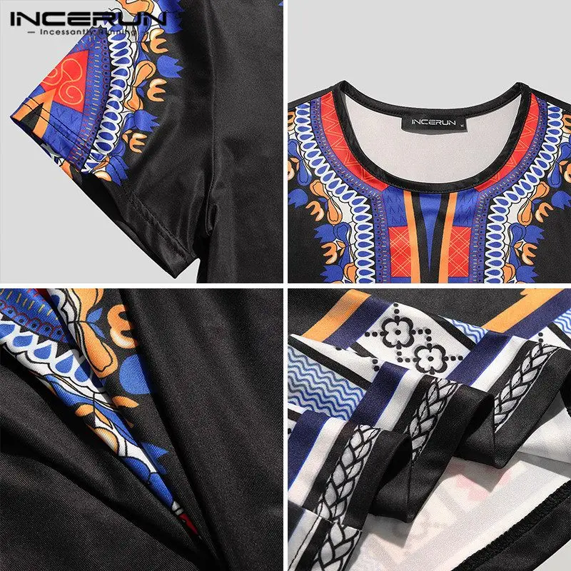 

INCERUN Vintage Printed Men Sets Short Sleeve Round Neck Tops Drawstring Shorts 2 Pieces Ethnic Style Man Breathable Suits S-5XL