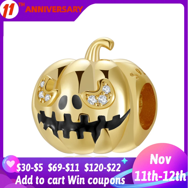 

Halloween Theme Golden Pumpkin 925 Sterling Silver Original CZ Charms Beads Fit Original Halloween Bracelet Making Fine Jewelry