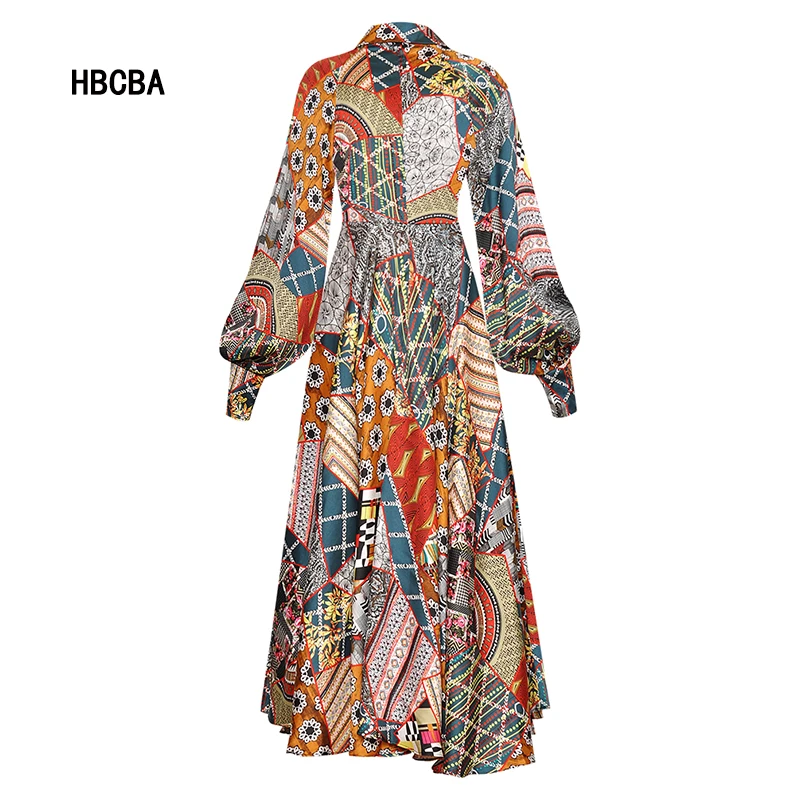 

HBCBA Designer Women Spring Summer Lapel Single Breasted Lantern Long Sleeve Vintage Print Dress
