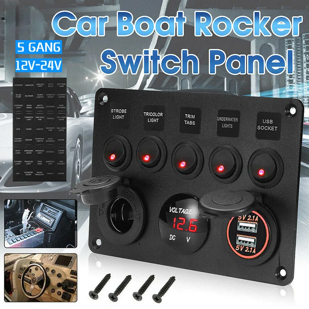 

5 Gang Campervan Rv 12v 24v Led Light Switch Control Panel Voltmeter Usb Charger For Car Truck Boat Rv